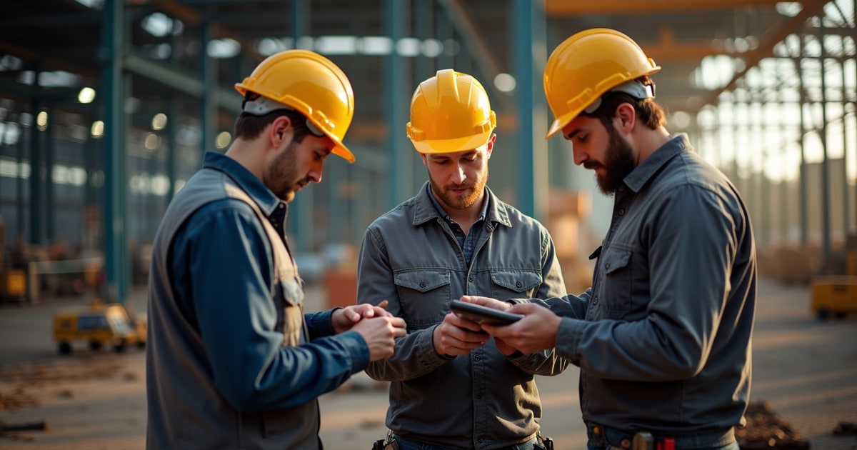 Conceptual editorial image of a skilled-trades crew reviewing a tablet before work.