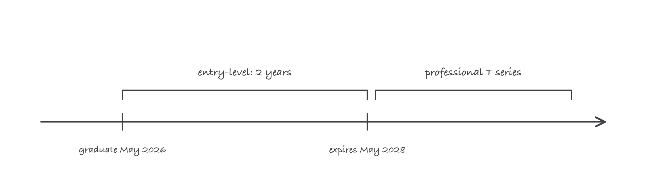 A timeline from graduation with a two-year entry-level window handing off to the professional T series