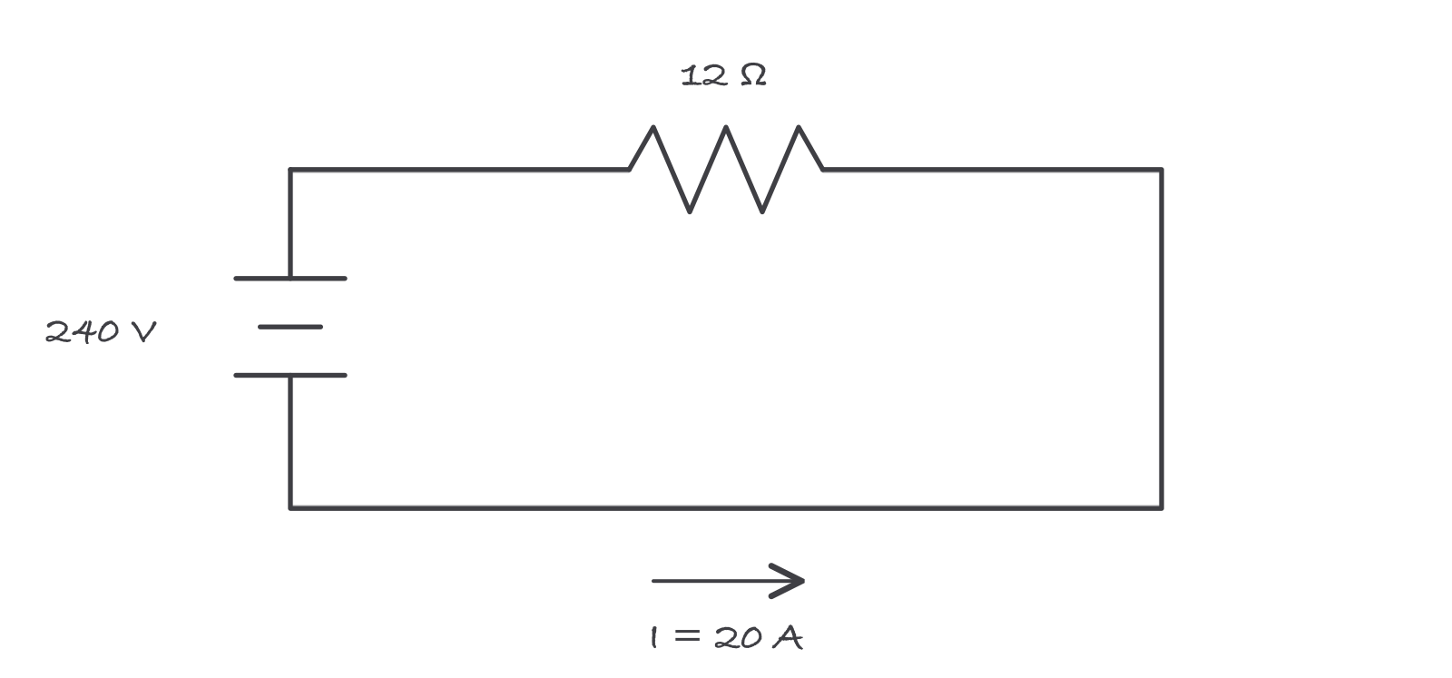 Simple hand-drawn circuit loop: a 240 volt battery, a 12 ohm element, and an arrow labeled I equals 20 amps
