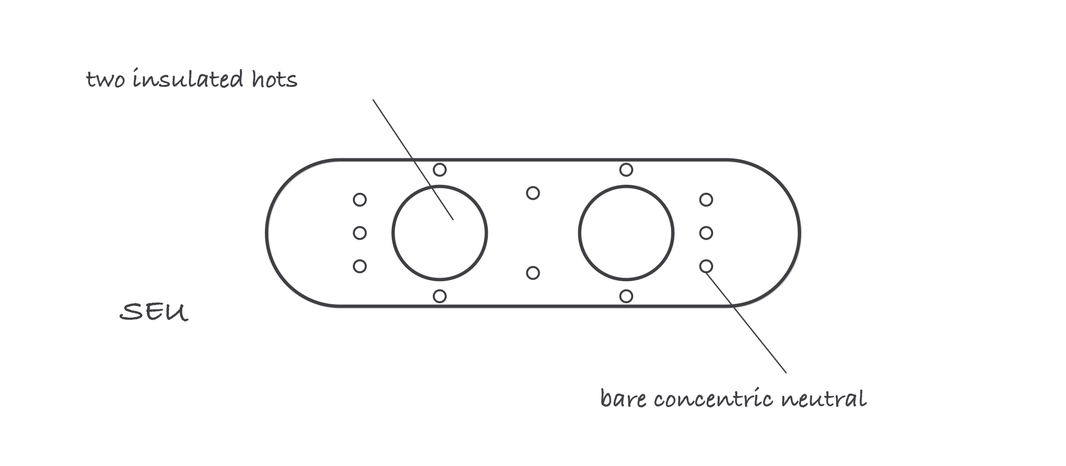 A flat SEU cable cross section showing two insulated conductors side by side with bare concentric neutral strands wrapped around them inside the outer jacket