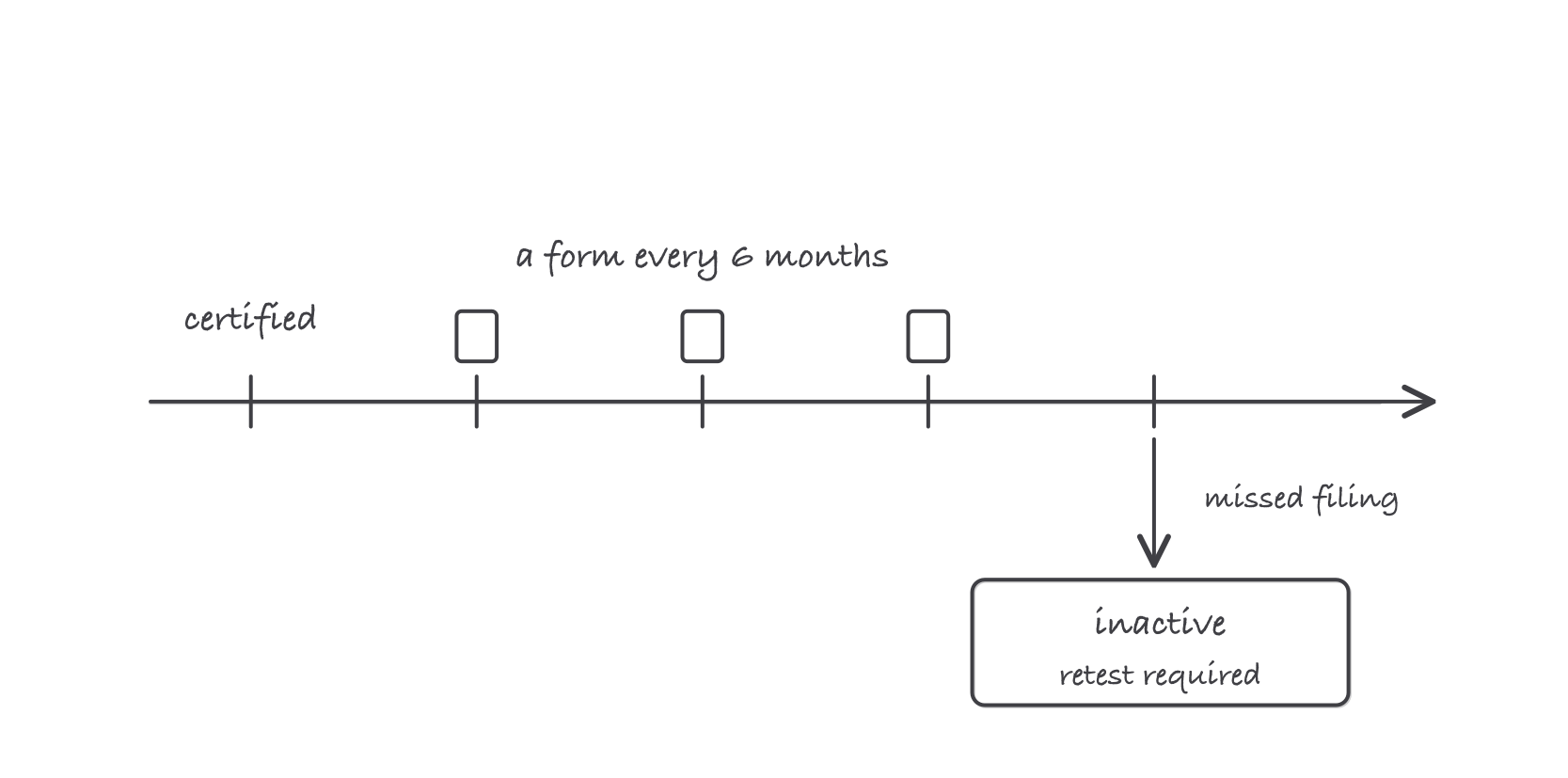 A timeline running left to right with a test date at the start and tick marks at six month intervals, each carrying a small form, and one missed tick with an arrow down to a box reading inactive, retest required