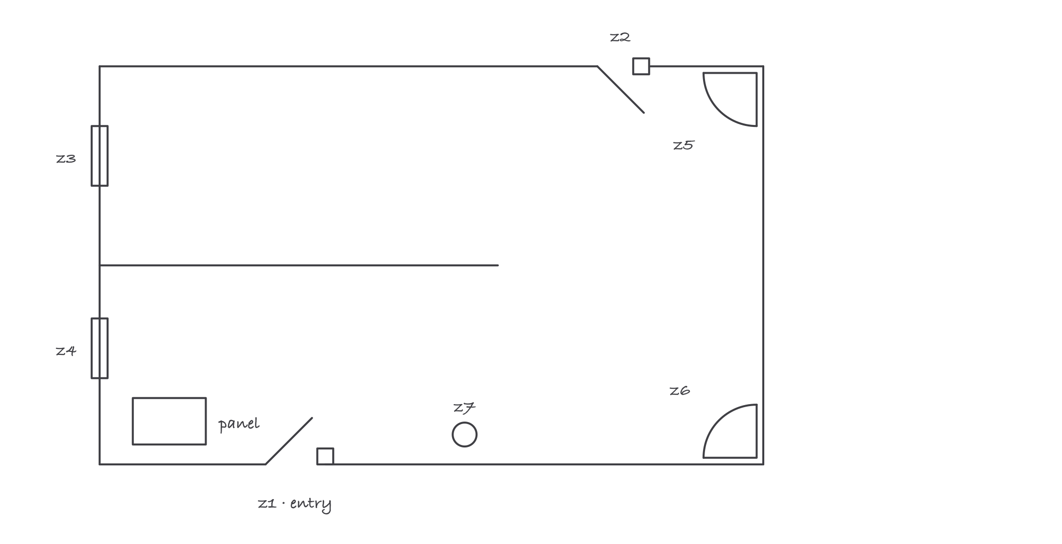 Small office floor plan: door contacts on two doors, window contacts grouped by room, a PIR in each work area, and a glassbreak at the storefront, each labeled with its zone number, with the panel near the entry