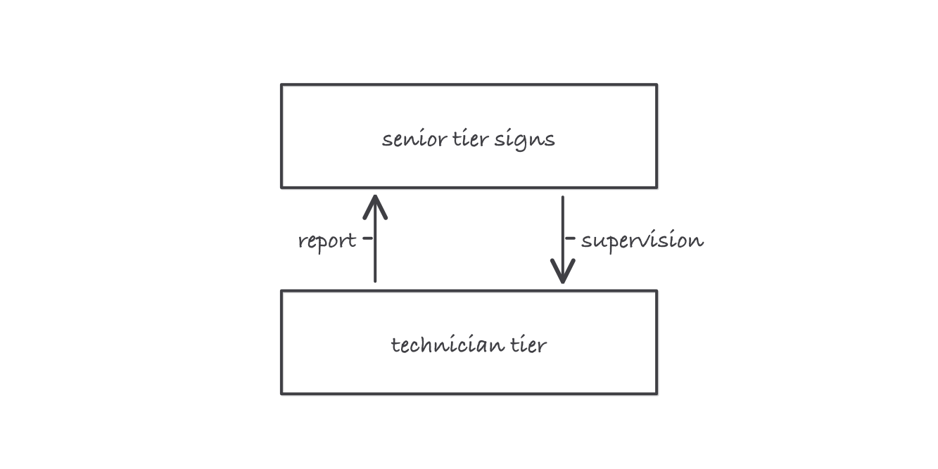 Two stacked boxes: a technician tier below sending a report up to a senior tier that signs, with supervision flowing back down